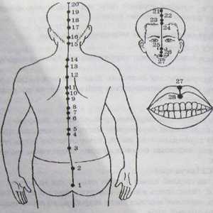 Mjesto i anatomija tijela bodova za aromaterapiju. Perednesredinny Meridian Jen-mai